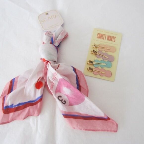 Maeve Printed Bandana Scarf 8 Balls Ivory & GIFT ANTHROPOLOGIE BARRETTES! - Picture 1 of 12